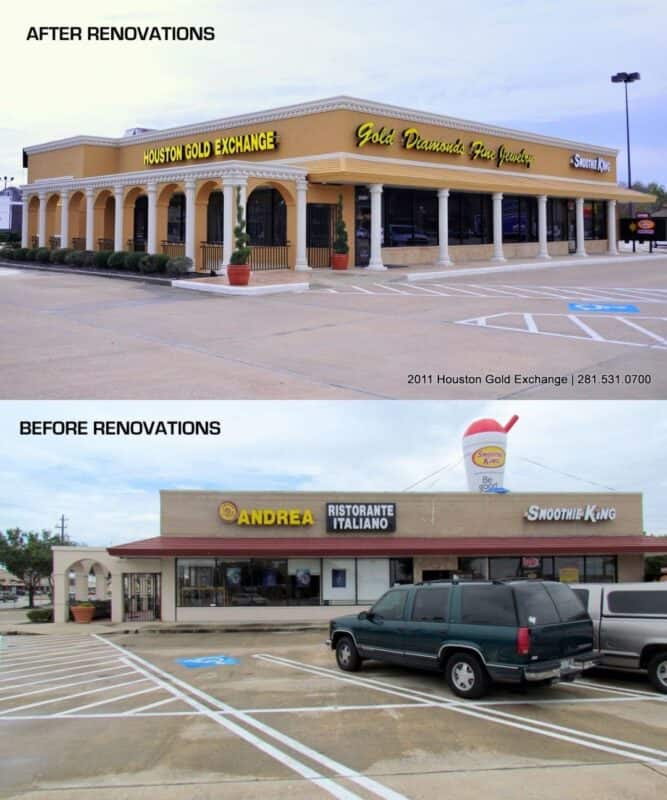 Exterior del edificio Houston Gold Exchange tras su renovación en Houston, Texas.