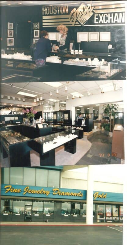 Vista interior y exterior de la joyería Houston Gold Exchange en Houston, Texas.
