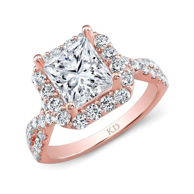 Elegant diamond engagement ring with pave setting in rose gold.