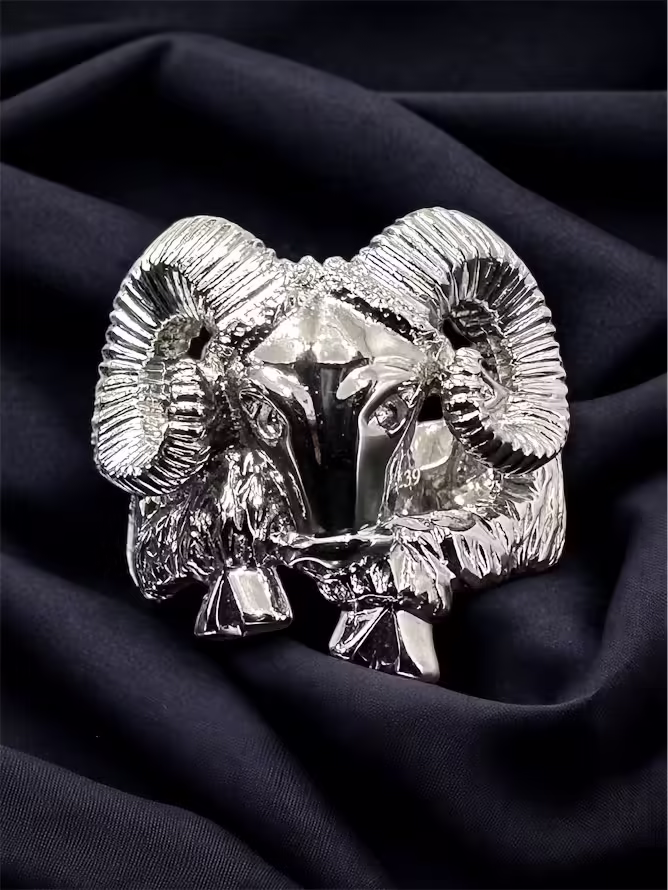 Sterling silver ram's head ring with detailed horns, crafted for unique jewelry lovers.