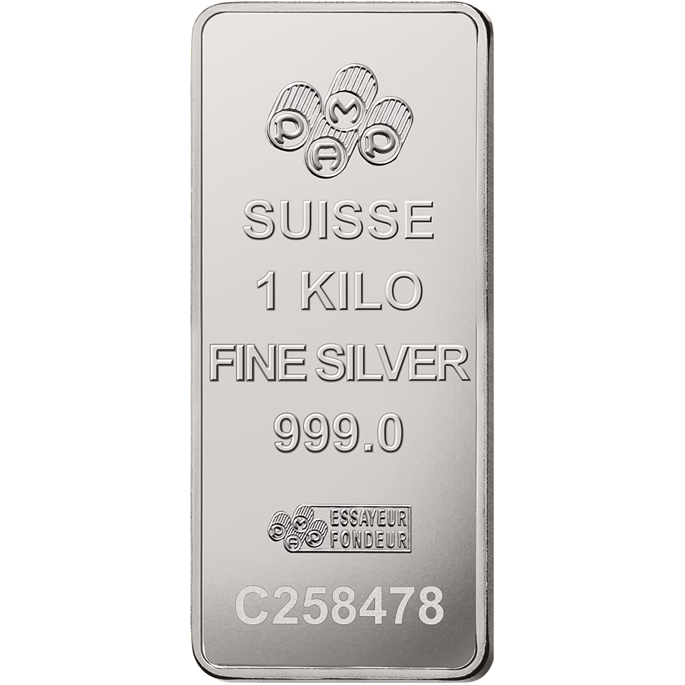 Lingote de plata de 1 kilogramo, con una pureza de 999,0, procedente de Suiza.