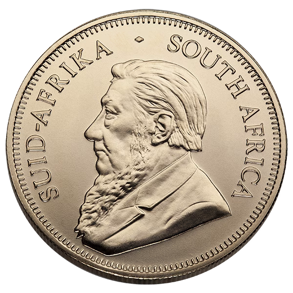 Moneda de oro con la inscripción «South Africa» y el perfil detallado de un hombre.