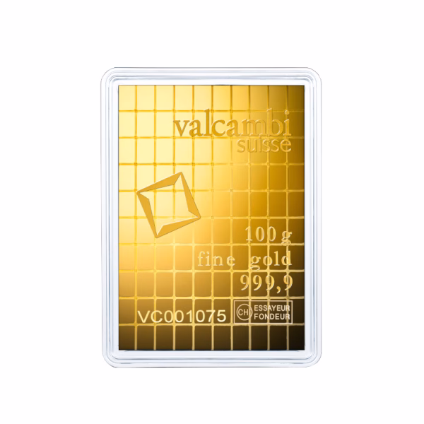 Lingote de oro Valcambi Suisse de 100 g para inversión y joyería.