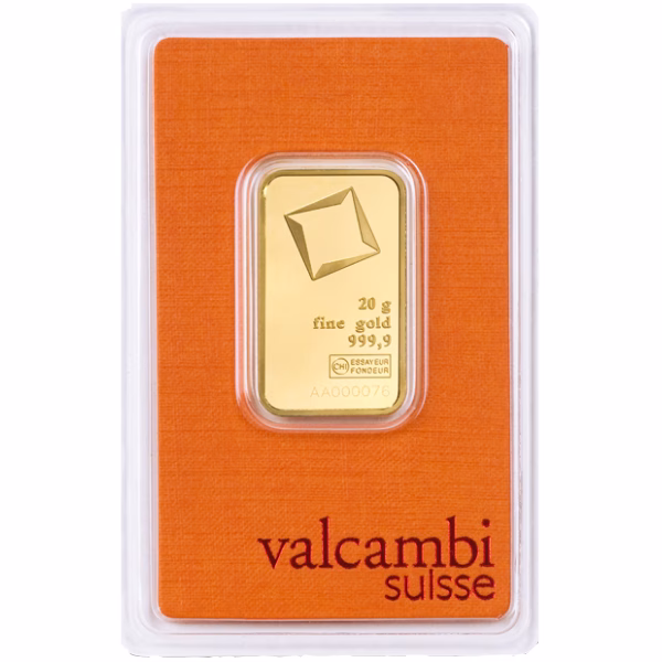 Valcambi Suisse 20g gold bar, pure 999.9 fine gold, in protective case.