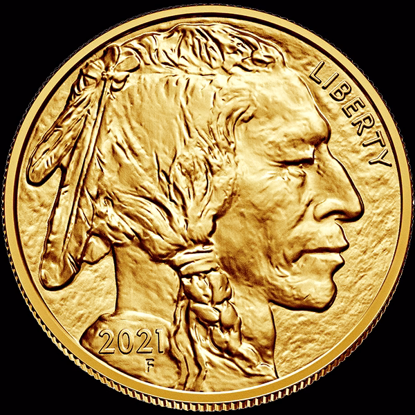 Moneda de oro con el perfil de un nativo americano, un acabado minucioso y la inscripción "LIBERTY".