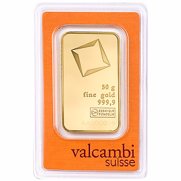 Lingote de oro en estuche protector de plástico con la marca Valcambi Suisse.