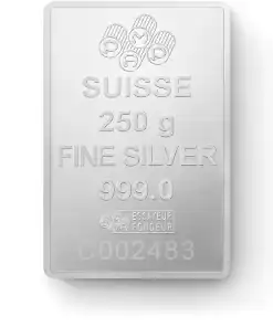 Lingote de plata con marcas suizas, 250 g de peso, plata fina con una pureza de 999,0.