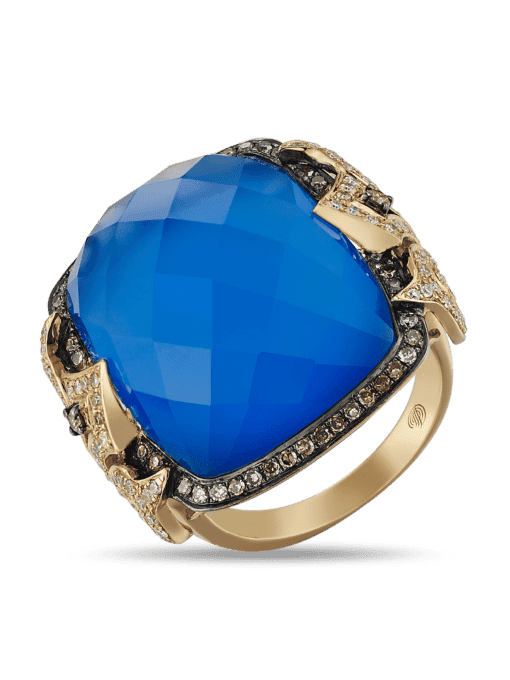 Anillo de oro rosa de 14 quilates con diamantes y ágata azul