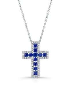 NATURAL COLOR WHITE GOLD SAPPHIRE CROSS DIAMOND PENDANT