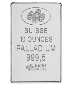 Silver bar featuring 10 ounces of pure palladium, marked with Swiss purity standards and weight.
